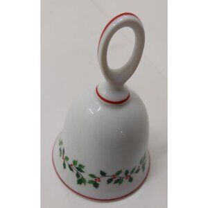 Vintage Porcelain Christmas Bell | Holly & Berry Pattern | Red Trim Holiday